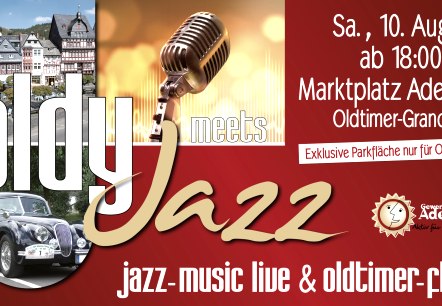 Oldy meets Jazz - Oldtimer und Jazzmusik am historischen Marktplatz in Adenau , © Stadt Adenau /Gewerbeverein Adenau e.V. Rotes Plakat mit einem Oldtimer und Adenau Marktplatz Bild 10. August ab 18 Uhr