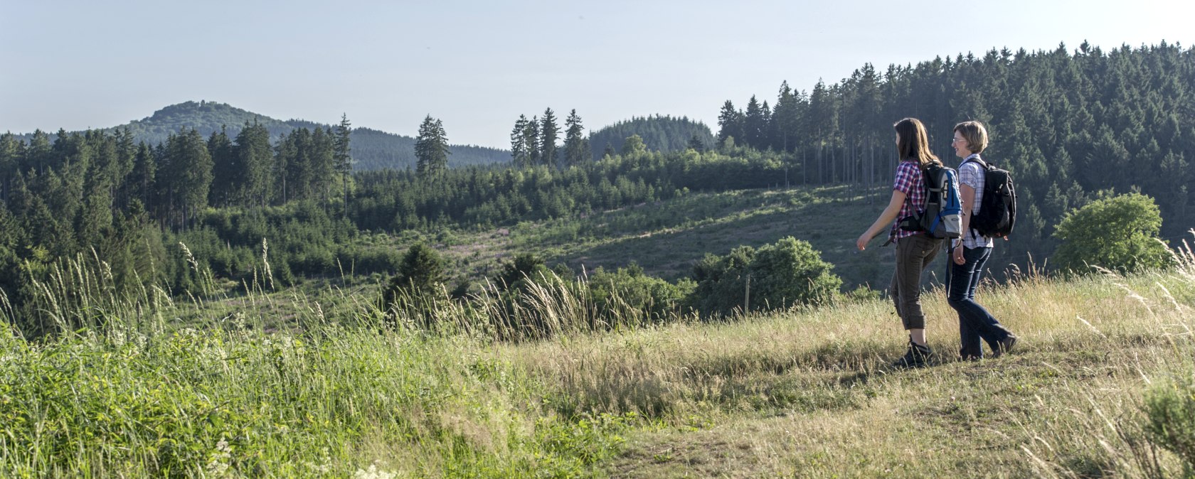 Twee wandelaars lopen over een pad door een groen, heuvelachtig landschap. Op de achtergrond zijn bossen en een heuvel te zien., © TI Hocheifel-Nürburgring,Kappest Twee wandelaars lopen over een pad door een groen, heuvelachtig landschap. Op de achtergrond zijn bossen en een heuvel te zien., © TI Hocheifel-Nürburgring,Kappest