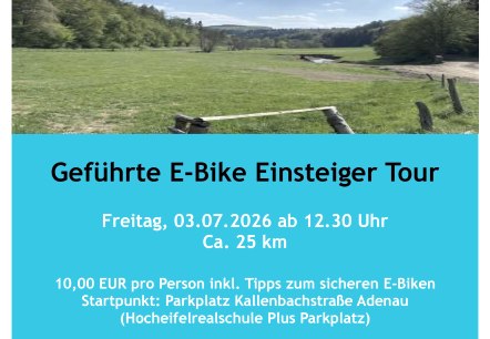 Plakat Geführte E-Bike Einsteigertour 03.07.2026, © Christian Schöfferle / E-Biken mit Leidenschaft Plakat Geführte E-Bike Einsteigertour 03.07.2026, © Christian Schöfferle / E-Biken mit Leidenschaft