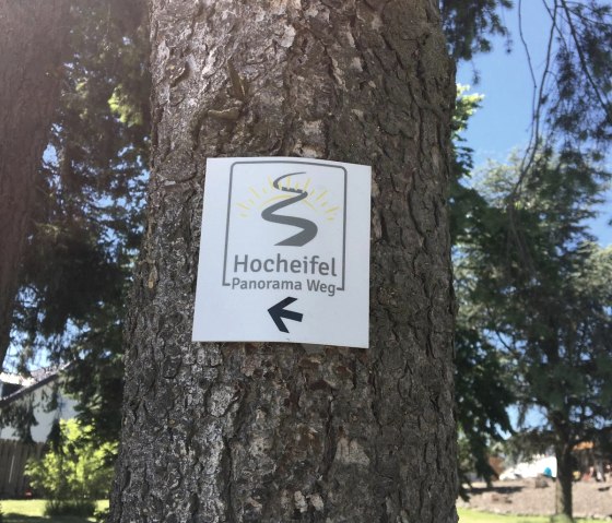 Schild 'Hocheifel Panorama Weg' an einem Baum, zeigt Richtung mit Pfeil. Sonniger Tag, Bäume und blauer Himmel im Hintergrund., © TI Hocheifel-Nürburgring,R.Hertel Schild 'Hocheifel Panorama Weg' an einem Baum, zeigt Richtung mit Pfeil. Sonniger Tag, Bäume und blauer Himmel im Hintergrund., © TI Hocheifel-Nürburgring,R.Hertel
