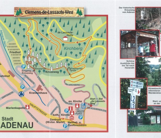 Karte des Clemens-de-Lassaux-Wegs in Adenau mit markierten Wanderwegen, Sehenswürdigkeiten und Fotos von Aussichtspunkten und Wegweisern., © Eifelverein Ortsgruppe Adenau e.V. Karte des Clemens-de-Lassaux-Wegs in Adenau mit markierten Wanderwegen, Sehenswürdigkeiten und Fotos von Aussichtspunkten und Wegweisern., © Eifelverein Ortsgruppe Adenau e.V.