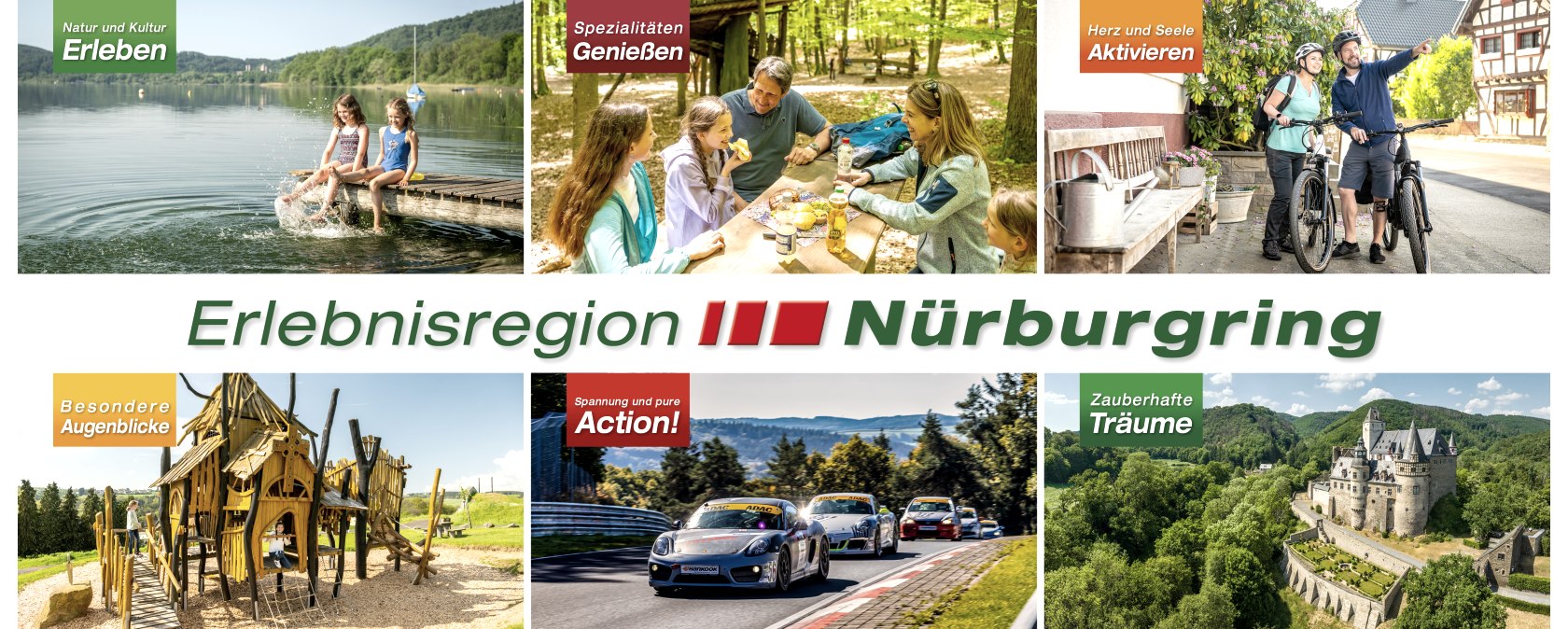 Bilder aus der Erlebnisregion Nürburgring , © Tourist-Information Hocheifel-Nürburgring sechs verschiedenen Urlaubsbilder sind auf einem Bild zu sehen