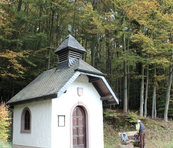 Eine kleine Kapelle im Wald mit herbstlichen Bäumen im Hintergrund. Eine Person steht neben einer Bank vor der Kapelle., © TI Hocheifel-Nürburgring, W.Schmitz Eine kleine Kapelle im Wald mit herbstlichen Bäumen im Hintergrund. Eine Person steht neben einer Bank vor der Kapelle., © TI Hocheifel-Nürburgring, W.Schmitz