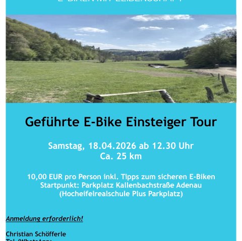 Plakat Geführte E-Bike Einsteigertour 18.04.26, © Christian Schöfferle / E-Biken mit Leidenschaft Plakat Geführte E-Bike Einsteigertour 18.04.26, © Christian Schöfferle / E-Biken mit Leidenschaft