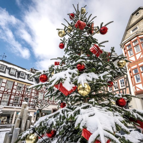 Een feestelijk versierde kerstboom met rode en gouden kerstballen en cadeautjes, bedekt met sneeuw, staat voor vakwerkhuizen in Adenau., © VGVAdenau©Dominik_Ketz Een feestelijk versierde kerstboom met rode en gouden kerstballen en cadeautjes, bedekt met sneeuw, staat voor vakwerkhuizen in Adenau., © VGVAdenau©Dominik_Ketz
