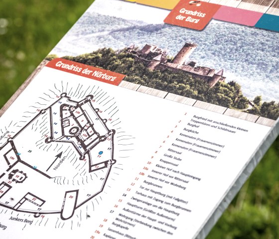Informationstafel mit Grundriss der Burgruine Nürburg, umgeben von grünem Gras. Die Tafel zeigt eine Karte und eine Liste von Sehenswürdigkeiten., © TI Hocheifel-Nürburgring,D.Ketz Informationstafel mit Grundriss der Burgruine Nürburg, umgeben von grünem Gras. Die Tafel zeigt eine Karte und eine Liste von Sehenswürdigkeiten., © TI Hocheifel-Nürburgring,D.Ketz