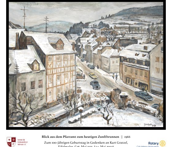 Painting of a snow-covered town view with half-timbered houses and streets. A large half-timbered house in the foreground, hills and trees in the background., © Verein für Heimatpflege Adenau e.V. | Kurt Gratzel Painting of a snow-covered town view with half-timbered houses and streets. A large half-timbered house in the foreground, hills and trees in the background., © Verein für Heimatpflege Adenau e.V. | Kurt Gratzel