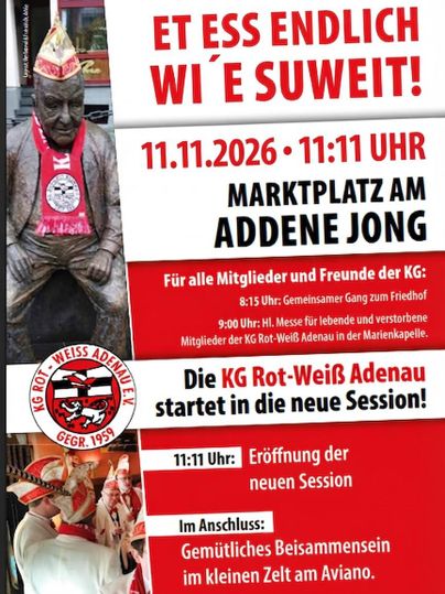 Een poster voor een evenement in Adenau. Het toont informatie over de opening van de nieuwe sessie van de KG Rot-Wit Adenau op 11.11.2026.