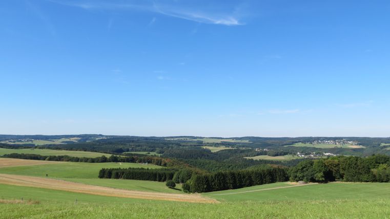 Weite Landschaft mit grünen Feldern und blauem Himmel.