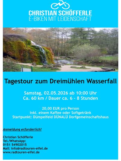 Eine Einladung zu einer Tagestour zum Dreimühlen Wasserfall. Die Tour umfasst etwa 60 km und startet am 02. Mai 2026 um 10 Uhr.