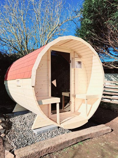 Exterior view of barrel sauna