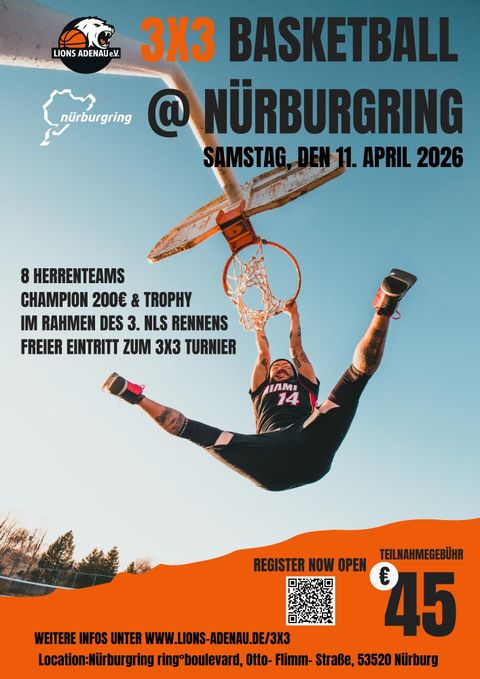 Ein Plakat für den 1. Köllermann 3x3 Basketball Cup am 28. Juni 2025 in Adenau. Es zeigt Informationen zu den Preisen und dem After-Cup-Party mit DJ.
