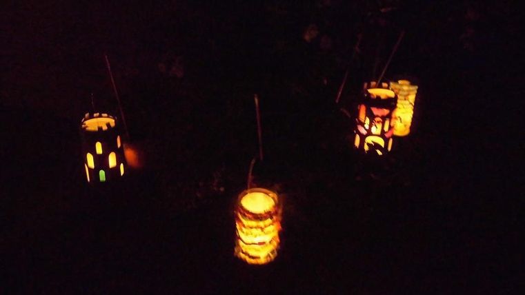 Bunte Laternen leuchten in der Dunkelheit. Sie sind aus Papier und haben verschiedene Muster.