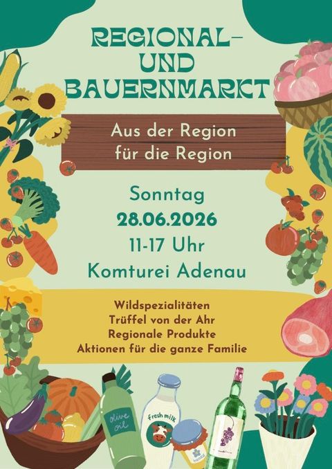 A colorful poster for a regional and farmers' market. It includes information about the date, the time, and the regional products offered.