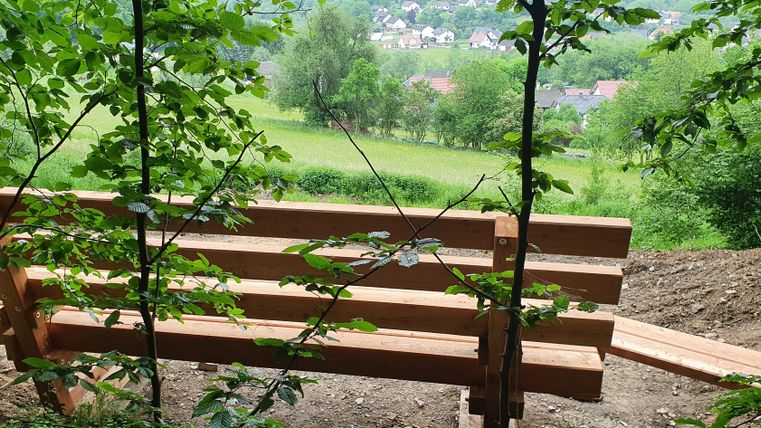 Een houten bank in de natuur, omringd door bomen en met uitzicht op een groen landschap. Op de achtergrond zijn enkele huizen zichtbaar.