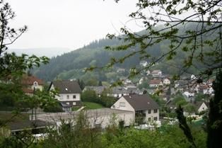 Een overzicht van een schilderachtig dorp in een heuvelachtige regio. De omliggende bomen en bergen creëren een rustige landschap.