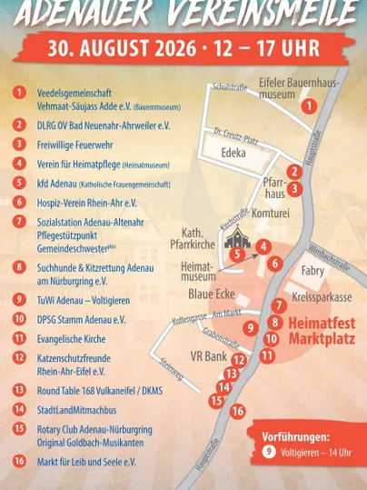 Un aperçu des événements pour la Rue des Associations Adenauer le 30 août 2026. La carte montre différents stands et activités de 12 h à 17 h.