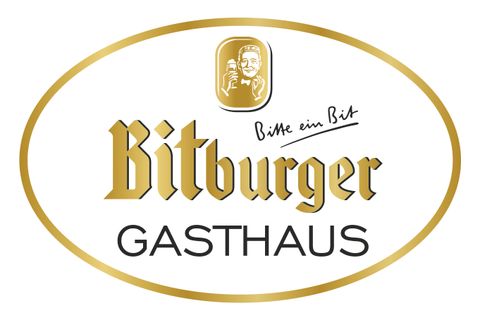 Ein Logo der Bitburger Brauerei mit dem Schriftzug "Bitburger GASTHAUS". Es strahlt Gemütlichkeit und Tradition aus.