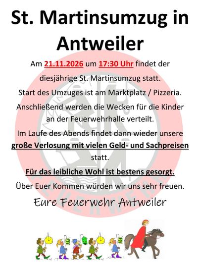 Ein Flyer für den St. Martinsumzug in Antweiler. Die Veranstaltung findet am 15. November 2025 um 17:30 Uhr statt, mit Aktivitäten für Kinder und einer Verlosung.