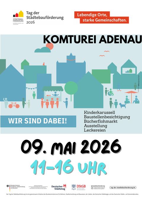Ein Plakat für das Straßenfest zur Stadtentwicklung mit Informationen zu Datum, Uhrzeit und Aktivitäten. Es wird auf einen lebendigen Ort und starke Gemeinschaften hingewiesen.