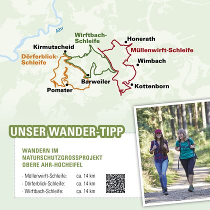 Karte mit drei Wanderschleifen in der Oberen Ahr-Hocheifel und Foto von zwei Wanderinnen.