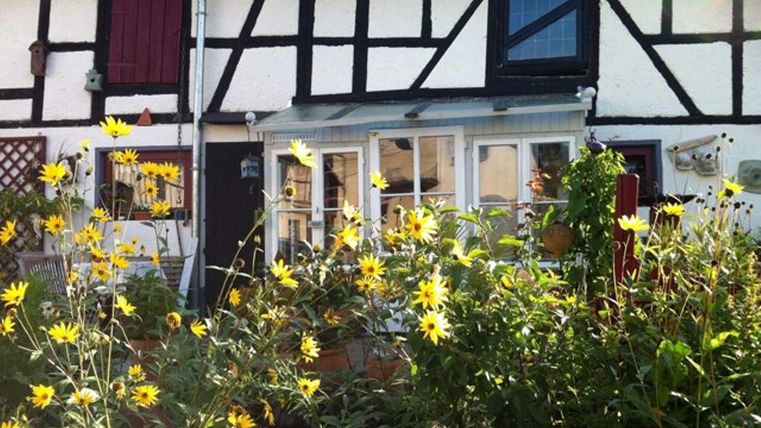 Een traditioneel vakwerkhuis met kleurrijke luiken. Op de voorgrond bloeien veel zonnebloemen in de tuin.
