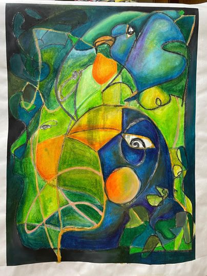 Ein buntes, abstraktes Gemälde mit einem Gesicht und stilisierten Pflanzen. Die Farben sind lebhaft und harmonisch, dominierend in Grün- und Blautönen.