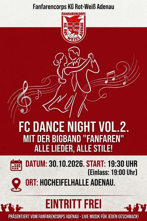 A flyer for the FC Dance Night Vol. 2 with the big band "Fanfaren". The event takes place on October 30, 2026, in the HochEifelhalle in Adenau.