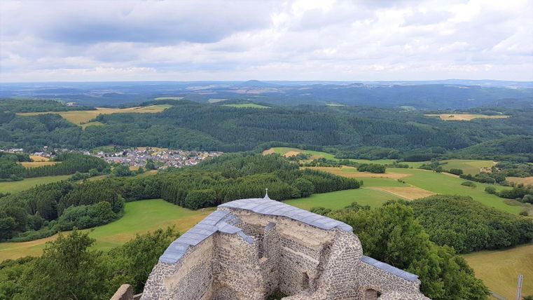 Eine atemberaubende Aussicht von einer Burgruine auf grüne Wiesen und Wälder. Der Himmel ist bewölkt und die Landschaft zieht sich in der Ferne hin.