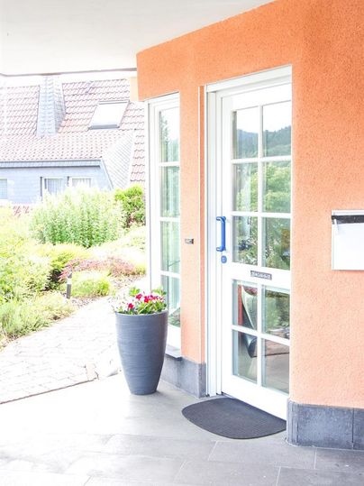 An entrance door with large windows and a blue door handle. Next to the door stands a planter with colorful flowers.
