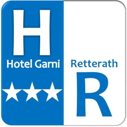 Ein einfaches Logo für das Hotel Garni Retterath. Es zeigt den Namen des Hotels und drei Sterne.