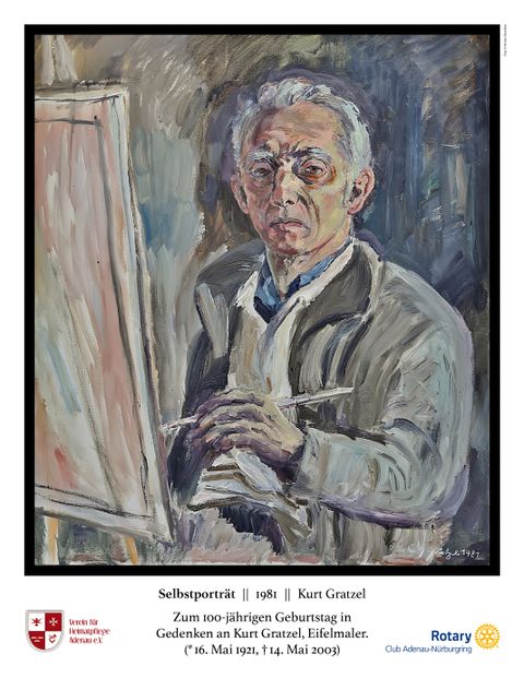 Ein Selbstporträt von Kurt Gratzel aus dem Jahr 1981, das einen älteren Mann mit Brille zeigt, der vor einer Staffelei sitzt.