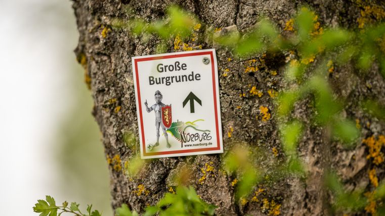 Ein Schild mit der Aufschrift 'Große Burgrunde' an einem Baumstamm, mit einem Ritter und einem Pfeil nach oben.