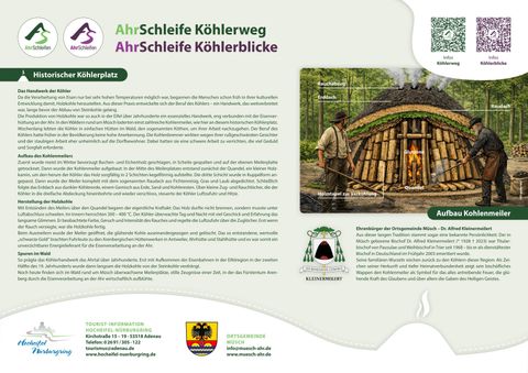 Een informatieblad over de AhrSchleife Köhlerweg. Het toont het historische Köhlerplatz met foto's en uitleg over de kolenmeilertraditie.