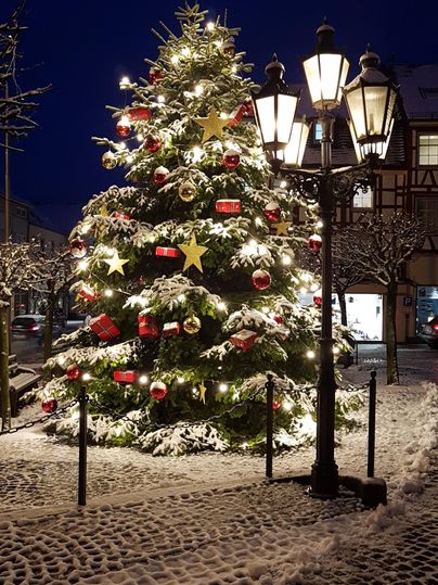 Ein festlich dekorierter Weihnachtsbaum steht in einer verschneiten Umgebung. Die Lichter strahlen hell in der Dunkelheit.