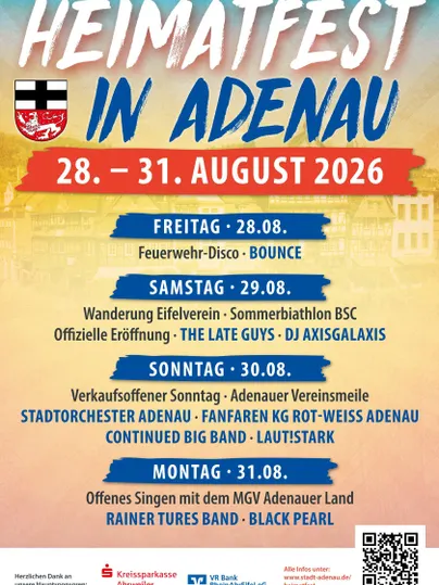 Une affiche pour la fête du patrimoine à Adenau, qui aura lieu du 28 au 31 août 2026. Elle présente les différents événements et concerts musicaux pour chaque jour.