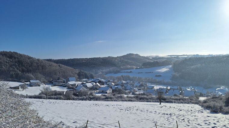 Een met sneeuw bedekt landschap met kleine huisjes en een heldere blauwe lucht. De heuvelachtige omgeving straalt rust en vrede uit.