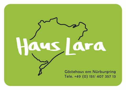 A green card with the inscription "Haus Lara" and an outline sketch of a region. Below are the details of the guesthouse and a phone number.