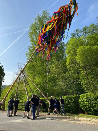 Eine Gruppe von Menschen hebt einen bunten Maibaum mit langen Bändern. Im Hintergrund sind grüne Bäume und blauer Himmel zu sehen.