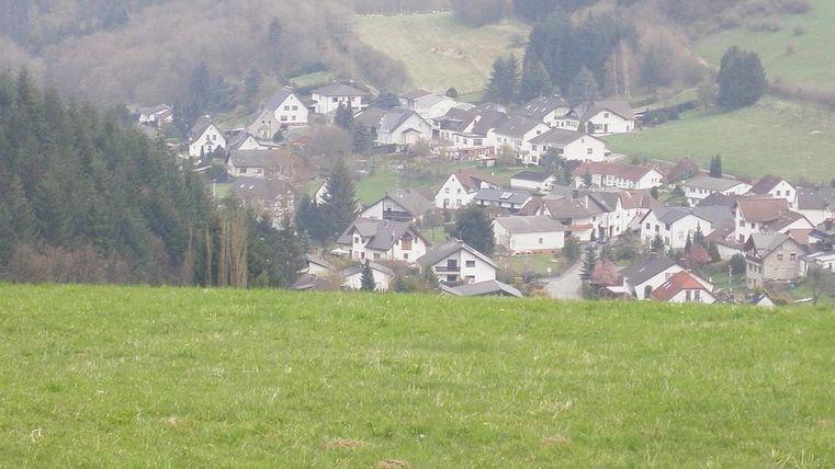 Un paysage tranquille avec un petit village, entouré de collines douces et de forêts. Les maisons sont visibles dans une disposition pittoresque.