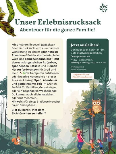 Ein farbenfrohes Bild, das eine Familie in einem Wald zeigt, während sie auf ein Abenteuer geht. Der Text beschreibt einen Erlebnisrucksack mit spannenden Aktivitäten und Rätseln für Groß und Klein.