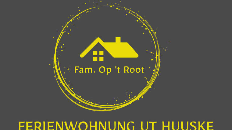 Een eenvoudig, modern logo voor een vakantiehuis. De naam "Ferienwohnung ut Huuske" is helder en duidelijk in het geel op een grijze achtergrond geschreven.