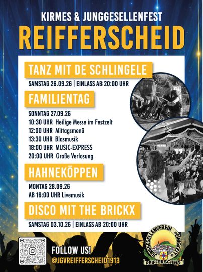 Ein Plakat für Veranstaltungen in Reifferscheid. Es zeigt zwei Termine mit Bandauftritten und Informationen zu den Veranstaltungen.