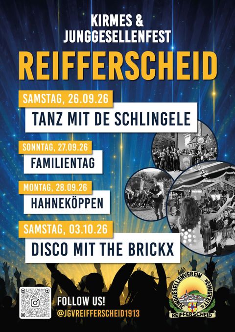 Ein buntes Plakat für das Kirmes- und Junggesellenfest in Reifferscheid. Es enthält Informationen zu verschiedenen Veranstaltungen und Zeiten.
