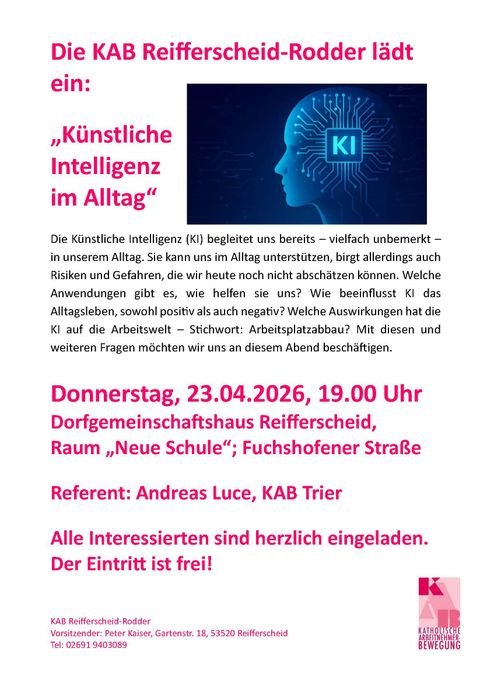 Ein einladendes Plakat für eine Veranstaltung über künstliche Intelligenz im Alltag. Es enthält Informationen zum Termin, Ort und Referenten der Veranstaltung.