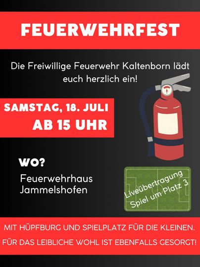 A poster for the fire department festival in Kaltenborn. It contains information about the date, time, and location as well as activities for children.