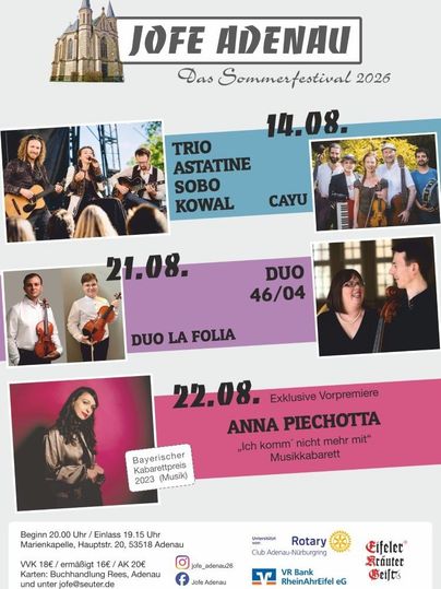 Ein Plakat für das Sommerfestival 2023 in Adenau. Es zeigt die Künstler und Termine für verschiedene Aufführungen vom 14. bis 22. August.