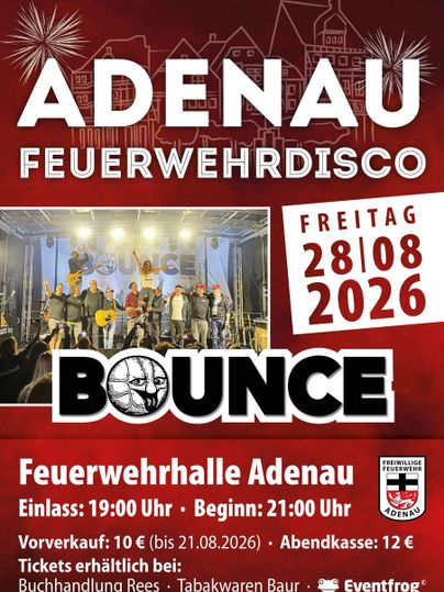 Une affiche pour la disco des pompiers à Adenau.
L'événement aura lieu le 28 août 2026 dans la salle des pompiers, avec le groupe BOUNCE.