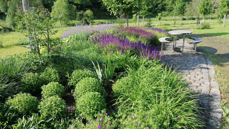Ein gepflegter Garten mit üppigem Grün und bunten Blumen. Im Hintergrund steht ein Tisch mit Bänken, umgeben von einer malerischen Landschaft.