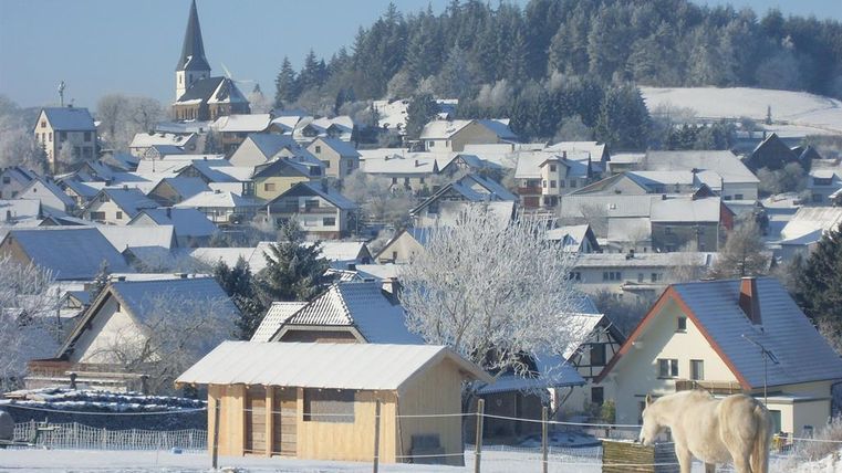 Un paysage enneigé avec un petit village et de vieilles maisons. Au premier plan, un cheval se tient dans un pré.